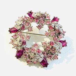 Vintage Silver Flowers Brooch with pink Crystals